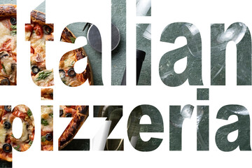 Italian pizzeria font with pizza and wine transparency on dining table, blank design isolated on...