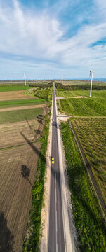 Aerial High View Of Road Or Highway With Yellow Car, Travel Or Transportation Concept, 