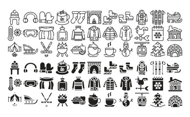 Set of winter season icons. Detailed outline, glyph icons.