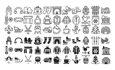 Fototapeta premium Set of winter season icons. Detailed outline, glyph icons.