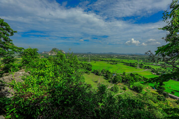 The close-up natural background of green rice fields, behind a large mountain and mist flowing through the blurred foliage, is a natural beauty seen in the countryside