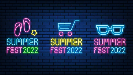 Neon summer fest text 2022 signs glowing color shining led or halogen lamps frame banners. on brick wall vector set.