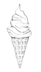 Pencil sketch of ice cream in wafer cone. Hand drawn black and white illustration