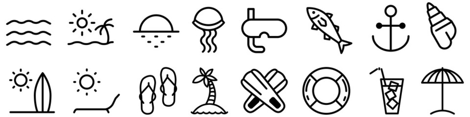 Holiday vector icon set. sea illustration sign collection. relaxation symbol or logo.