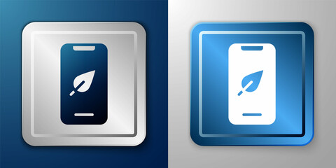 White Smartphone, mobile phone with leaf icon isolated on blue and grey background. Silver and blue square button. Vector