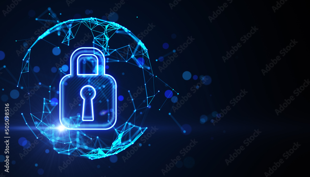 Aufkleber Internet data and security concept with bright digital lock sign in round sphere on abstract dark wallpaper with space for your logo. 3D rendering, mock up