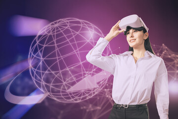 Portrait of attractive young european businesswoman smiling with VR glasses and metaverse mesh...