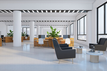 Contemporary bright concrete coworking office interior with furniture, decorative pot plants and computer monitors. Workplace concept. 3D Rendering.