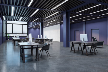 Contemporary dark concrete coworking office interior with furniture, decorative pot plants and computer monitors. Workplace concept. 3D Rendering.
