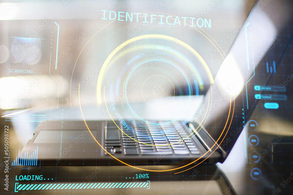 Poster Close up of laptop with abstract round identification interface on blurry background. Forensic hud and scanner concept. Double exposure.