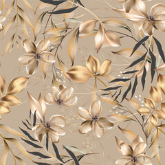 Vector seamless pattern with gold  leaves. Exotic botanical background design for cosmetics, spa, textile. Best as wrapping paper, wallpaper.
