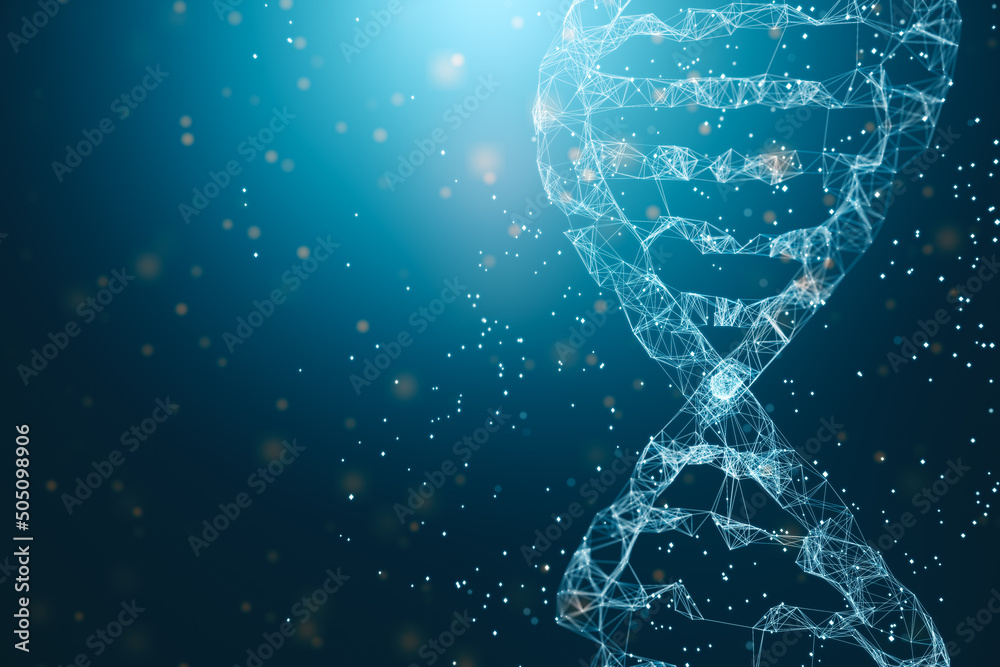 Poster biotechnology concept with digital human dna structure on abstract blue water background. 3d renderi