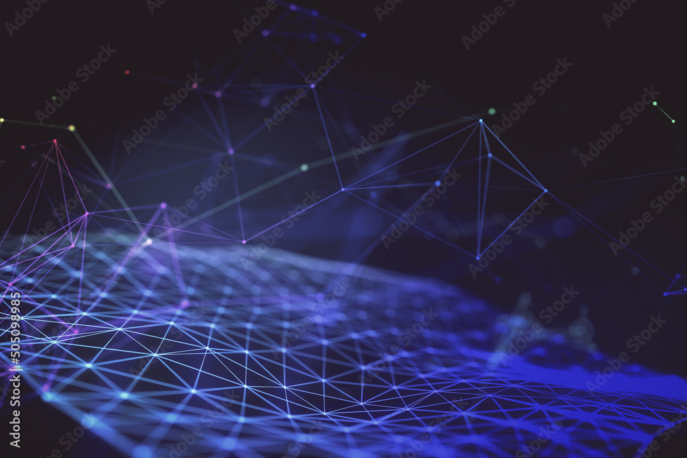 Poster Abstract technology background with bright blue digital plexus. 3D rendering