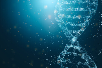 Biotechnology concept with digital human DNA structure on abstract blue water background. 3D...