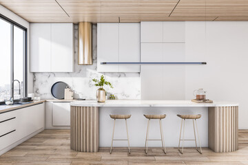 Sunny stylish dining area with white kitchen set, golden kitchen hood and countertop decorated by wooden laths on wooden floor and modern stools. 3D rendering - Powered by Adobe