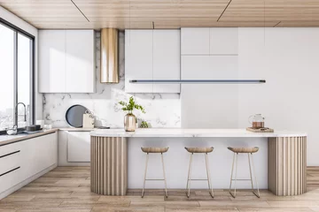 Tapeten Sunny stylish dining area with white kitchen set, golden kitchen hood and countertop decorated by wooden laths on wooden floor and modern stools. 3D rendering © Who is Danny