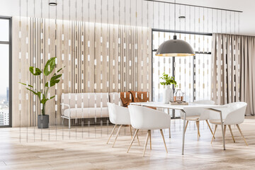 Modern bright living room interior with furniture, window with city view. Design concept. 3D Rendering.