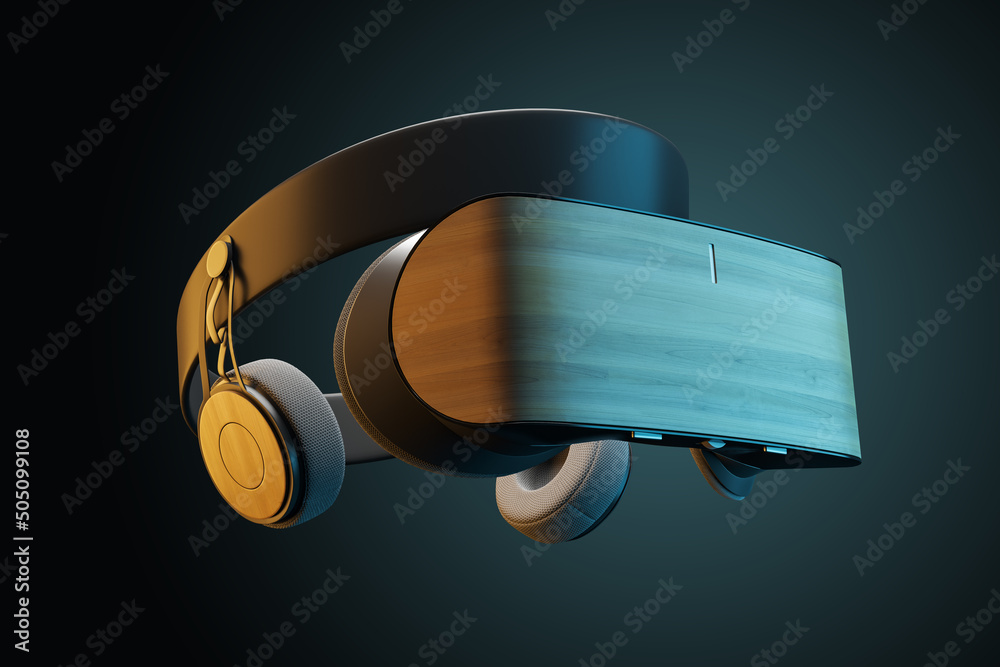 Poster virtual reality concept with custom made wooden decorated black vr helmet and earphones on abstract 