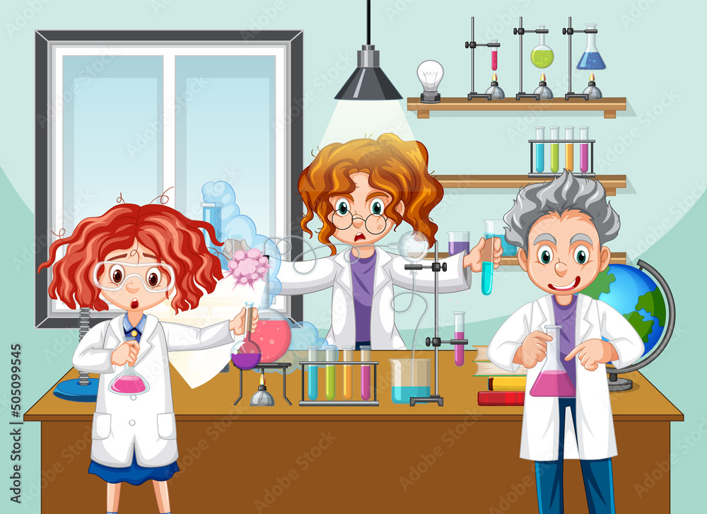 Wall mural classroom scene with scientist doing experiment