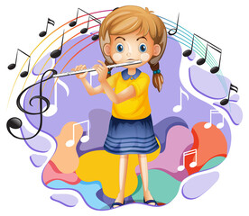 A girl playing flute and music melody symbols © GraphicsRF