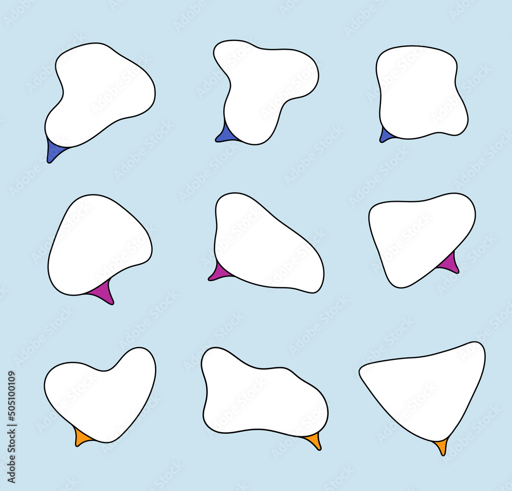 Poster Vector white speech bubble with black stroke, colored triangular leg. Abstract form template for chat, message.