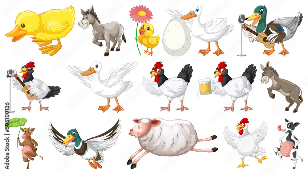 Poster many farm animals on white background