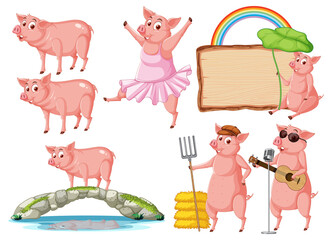 Set of different farm pigs in cartoon style