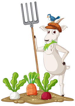 A goat standing on two legs and holding rake