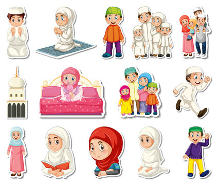 Sticker set of Islamic religious symbols and cartoon characters