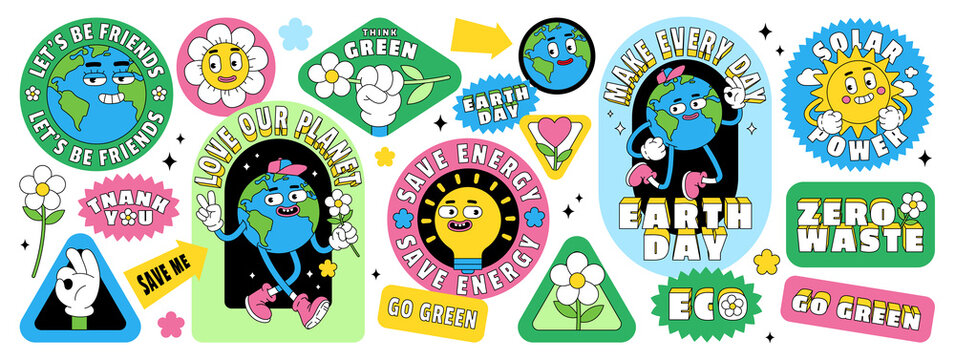 Save the planet stickers in trendy retro cartoon style. Earth Day posters. World Environment Day.