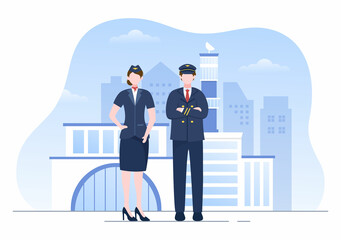 Pilot Cartoon Vector Illustration with Airplane, Air Hostess, City or Airport Background Design