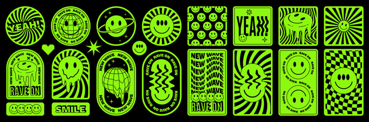 Rave psychedelic acid sticker set. Trippy illustrations, dripping smiles. surreal geometric shapes. - obrazy, fototapety, plakaty