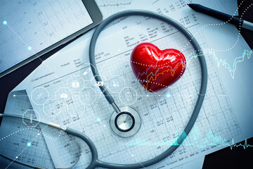 Red heart shape with stethoscope and patient heartbeat report and Healthcare business data graph...