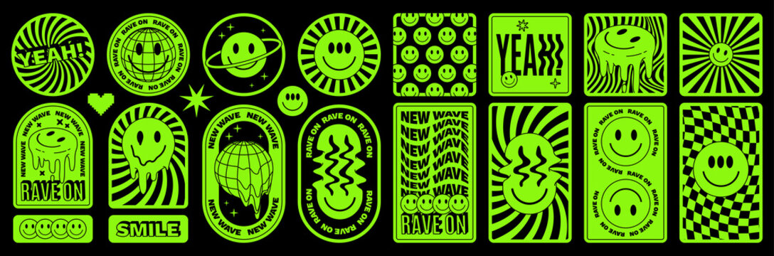 Rave psychedelic acid sticker set. Trippy illustrations, dripping smiles. surreal geometric shapes.