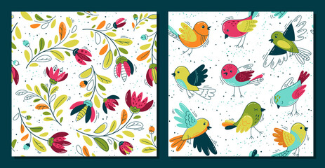 Set baby pattern with birds. Seamless background for fabric, textile, wallpaper, posters, gift wrapping paper, napkins, tablecloths. Print for kids, children. Children's pattern