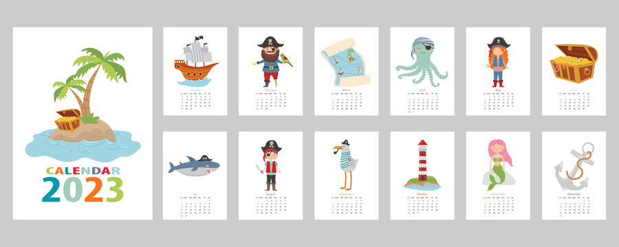 Calendar 2023. Children's colorful calendar with a pirate design. Pirate, treasure island, shark, octopus, seagull, mermaid, ship and lighthouse.
