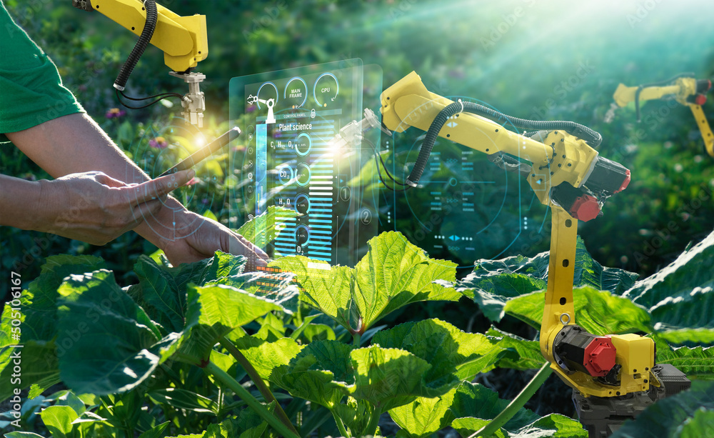 Leinwandbilder AI. Farmer use smartphone and robotics assistant. Pollinate of fruits and vegetables. Detection spray chemical. Leaf analysis and foliar fertilization. Science. Agriculture farming technology concept.