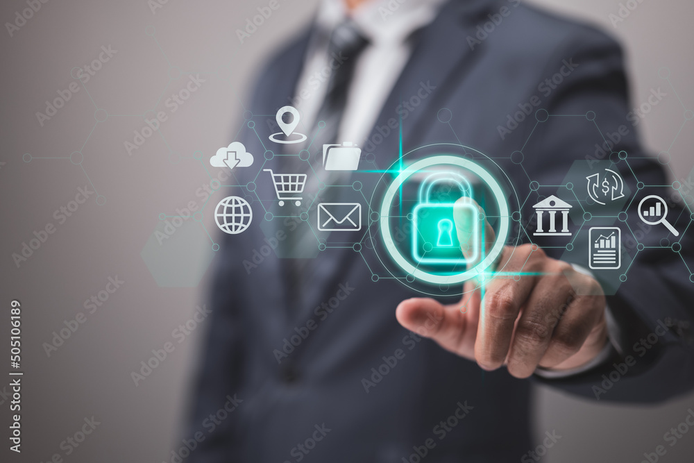 Poster Data may be protected using cyber security and privacy ideas. Lock symbol and internet network security technology. Personal data protected via virtual screen interfaces.