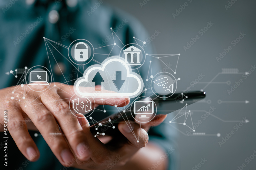 Poster A guy operates a smartphone while holding a cloud computing diagram. Data storage, networking, and internet service principles are all part of the cloud technology concept.