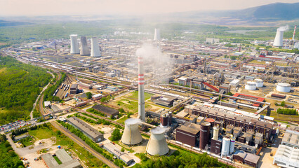 Chemical plant and oil refinery from above. Heavy industry in European Union. - 505106968