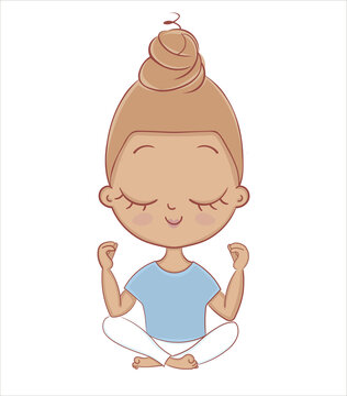 Cute cartoon girl in yoga lotus pose vector illustration. Woman meditating, relax, recreation, healthy lifestyle. Hand drawn for books, fashion artwork, prints, stickers, t-shirts, apparel or other us