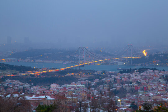 The most beautiful view of Istanbul in winter months 15 July Martyrs Bridge (Bosphorus Bridge) And the Marmara Sea
