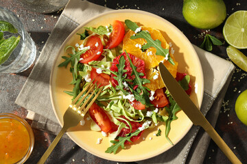 Concept of tasty food, salad with red orange, top view