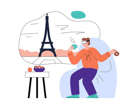 Person in virtual glasses makes a virtual trip to Paris, flat vector isolated.