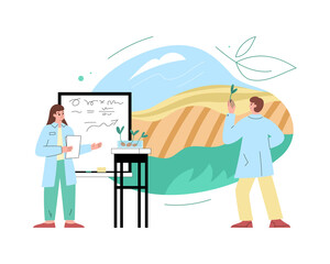 Agronomy abstract concept with scientists doing research, flat vector illustration isolated on white background.