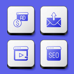 Set Advertising, Mail and e-mail, Video advertising and SEO optimization icon. White square button. Vector