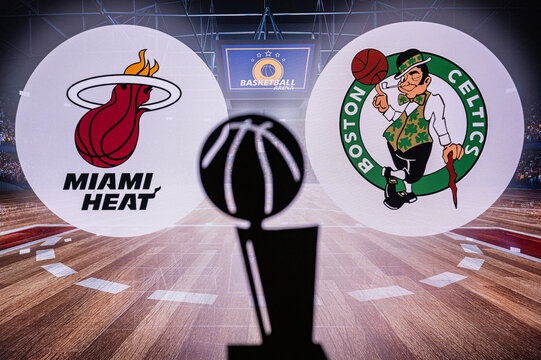 MIAMI, USA, MAY 16, 2022: Miami Heat vs Boston Celtics. NBA Eastern Conference Finals. Basketball game. Trophy Silhouette and logo of teams in background. NBA Playoffs. Road To Final