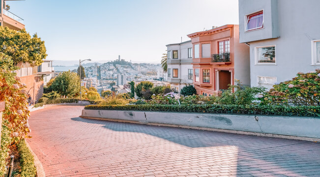 San Francisco, California, USA - October 16, 2021, view of the city from the top of Lombard street. The photo was processed in pastel colors.