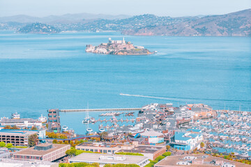 Great aerial view from Coit Tower, Alcatraz Island and San Francisco Bay. Photo processed in pastel...