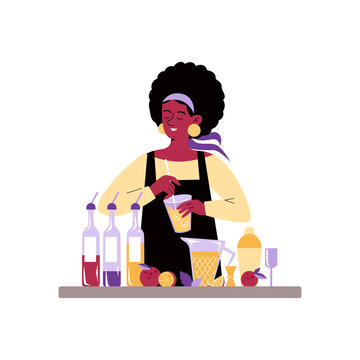Female bartender mixing drinks and cocktails, flat vector illustration isolated.